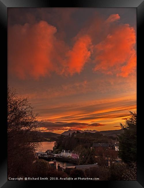 Sunset colour over Portree and the Cuillin Framed Print by Richard Smith