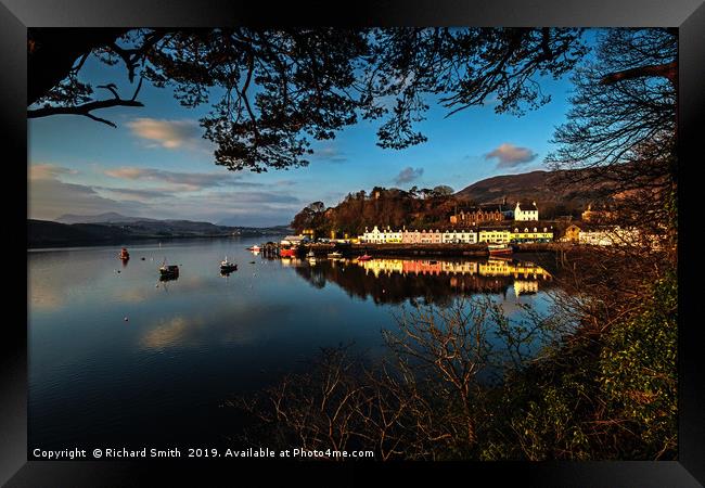Portree quay lit by the first rays of sunlight Framed Print by Richard Smith