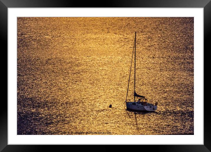 Yacht moored in the reflected light of the moon Framed Mounted Print by Richard Smith
