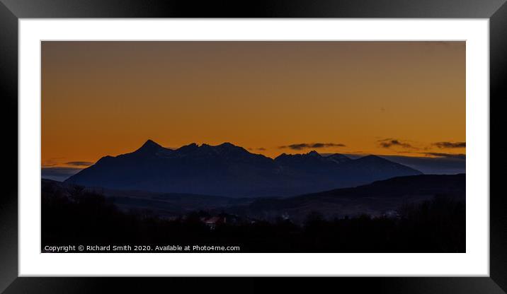 Sky colour after sunset over The Cuillin. Framed Mounted Print by Richard Smith