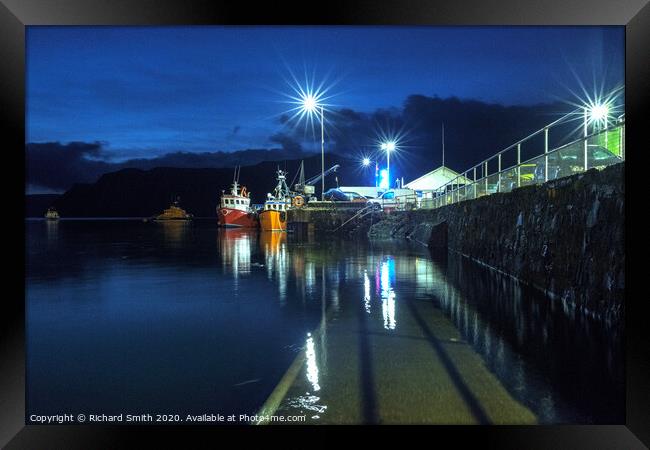 Fishing boats moored to the end of the pier at the blue hour. Framed Print by Richard Smith