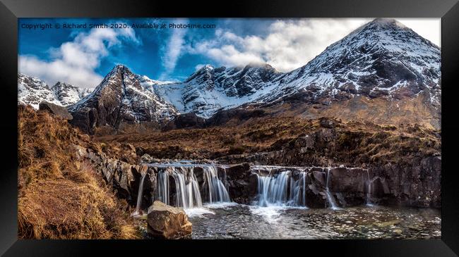 A broad waterfall within the Fairy Pools area in Coire na Creiche. Framed Print by Richard Smith