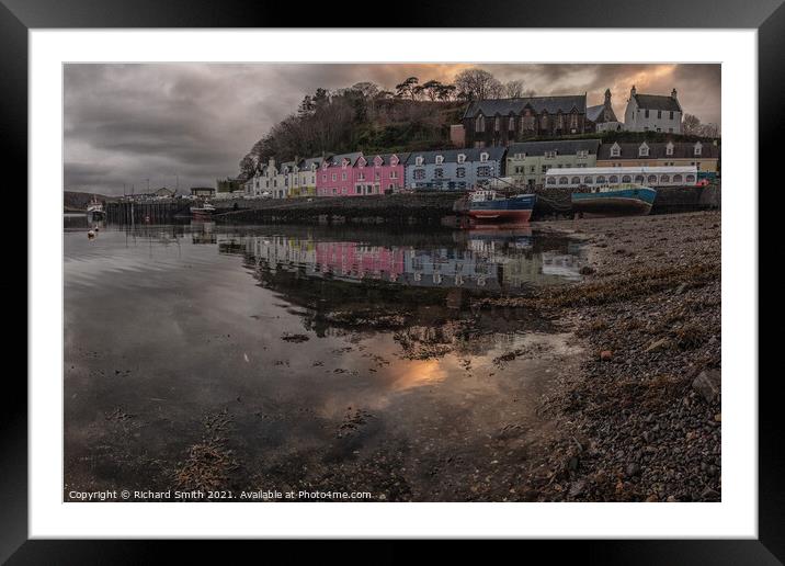 Portree pier in the afternoon reflected in Loch Portree Framed Mounted Print by Richard Smith