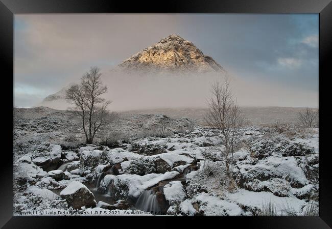 Glencoe Buachaille in snow and mist  Framed Print by Lady Debra Bowers L.R.P.S