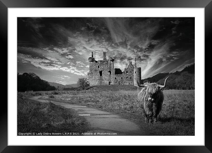 Kilchurn Castle Scotland Monochrome and Highland C Framed Mounted Print by Lady Debra Bowers L.R.P.S