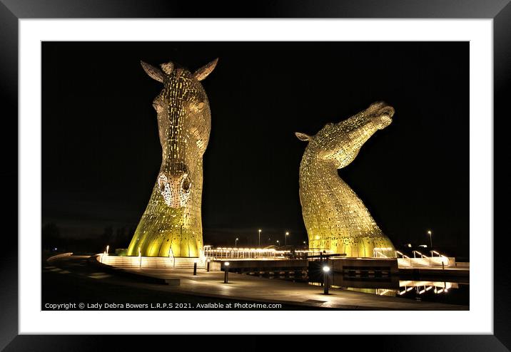 The Glowing Kelpies Scotland at night  Framed Mounted Print by Lady Debra Bowers L.R.P.S