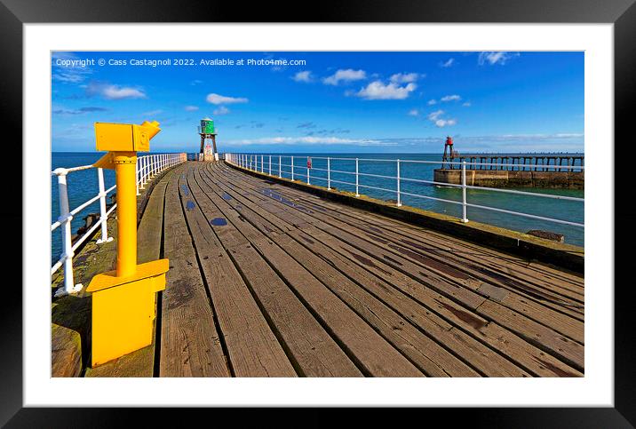 Whitby Piers-Yellow, Green, Red and Sky Blue Framed Mounted Print by Cass Castagnoli