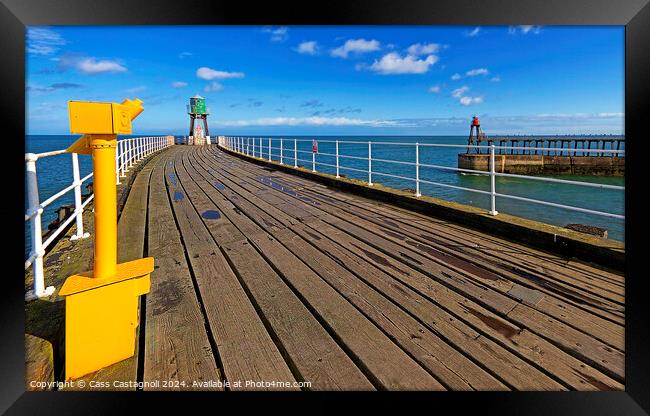 Whitby Piers - Yellow, Green, Red and Sky Blue Framed Print by Cass Castagnoli