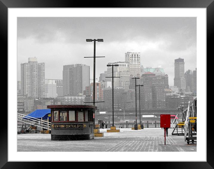 snowy pier at seaport harbour with Brooklyn in the Framed Mounted Print by Jutta Klassen