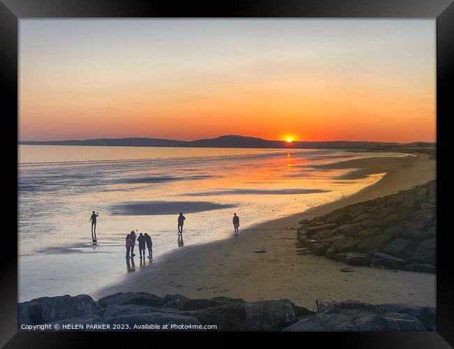 Aberavon Beach Sunset with people silhouettes Framed Print by HELEN PARKER