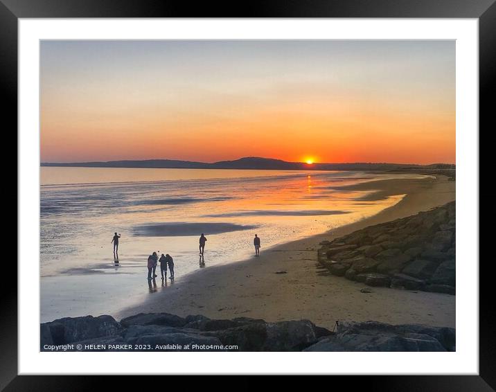 Aberavon Beach Sunset with people silhouettes Framed Mounted Print by HELEN PARKER