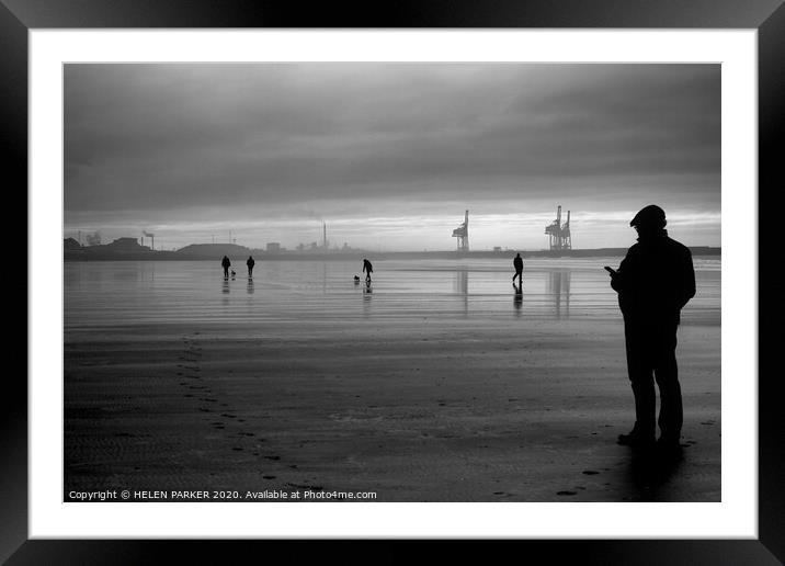 Silhouetts at Aberavon Beach in Mono Framed Mounted Print by HELEN PARKER