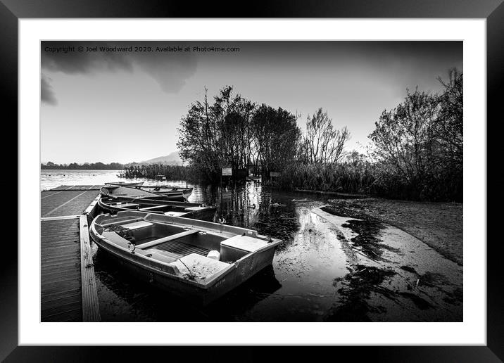 Llangorse Lake Boats Black & White Framed Mounted Print by Joel Woodward