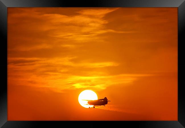 Sunset with Plane Framed Print by Mary Lane