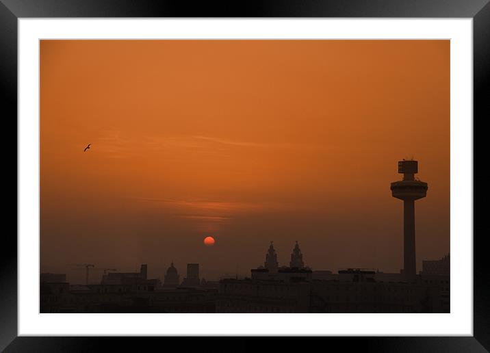 Liverpool Skyline Orange Sun Set Framed Mounted Print by Phillip Orr
