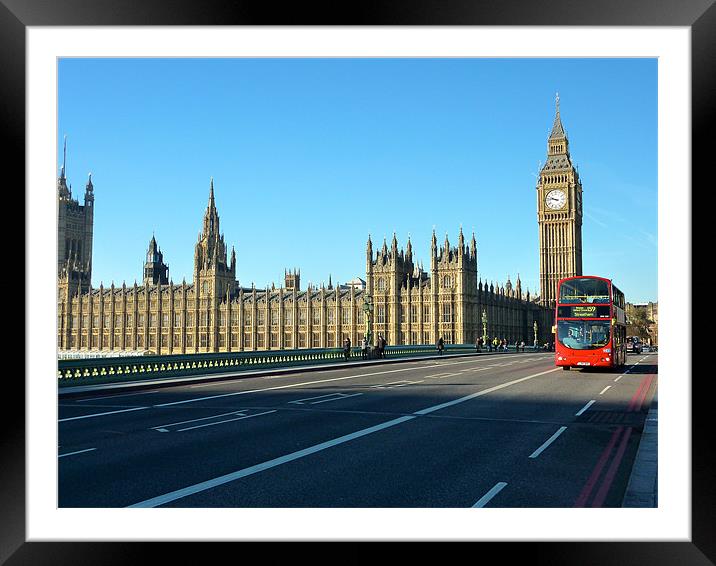 London Bus by Parliament Framed Mounted Print by Mark Jefferson