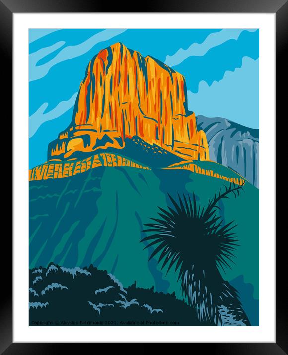 Guadalupe Mountains National Park with El Capitan Peak Texas United States WPA Poster Art Color Framed Mounted Print by Aloysius Patrimonio
