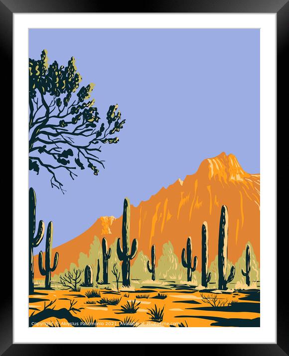 Saguaro Cactus or Carnegiea Gigantea in Ironwood Forest National Monument Section of the Sonoran Desert in Arizona WPA Poster Art Framed Mounted Print by Aloysius Patrimonio