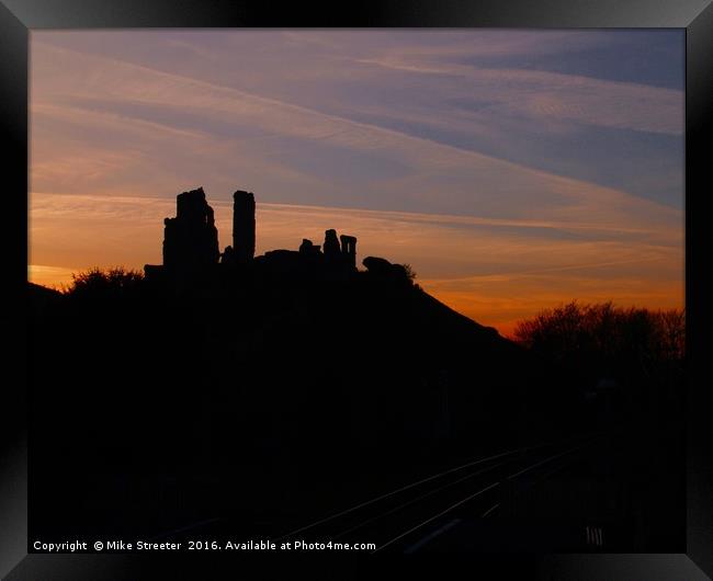 Sunset over Corfe Castle Framed Print by Mike Streeter
