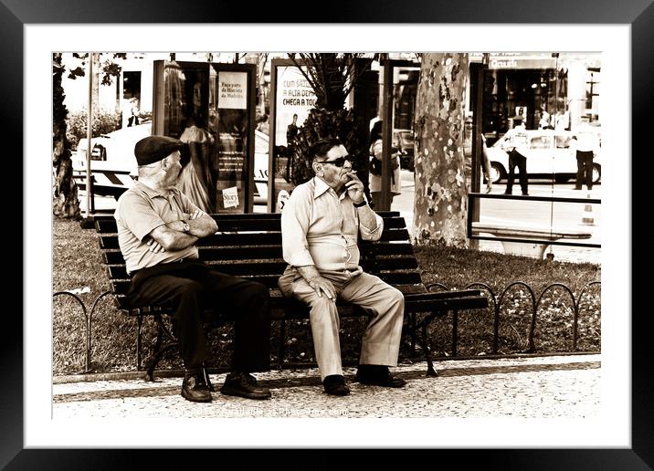 Men on Bench Framed Mounted Print by Paula Puncher