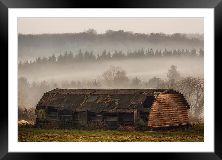 the barn and the mist Framed Mounted Print by sam moore
