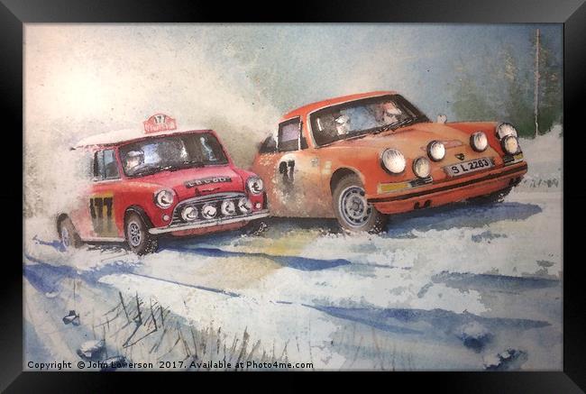 Racing in the 1967 Monte Carlo Rally Framed Print by John Lowerson