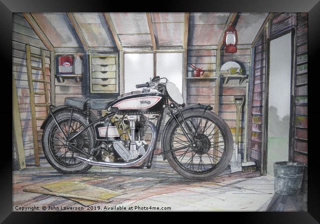An Old motorcycle in the Shed Framed Print by John Lowerson
