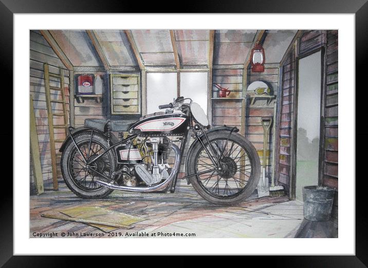 An Old motorcycle in the Shed Framed Mounted Print by John Lowerson