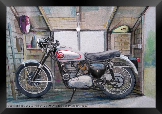 An old bike in a shed Framed Print by John Lowerson