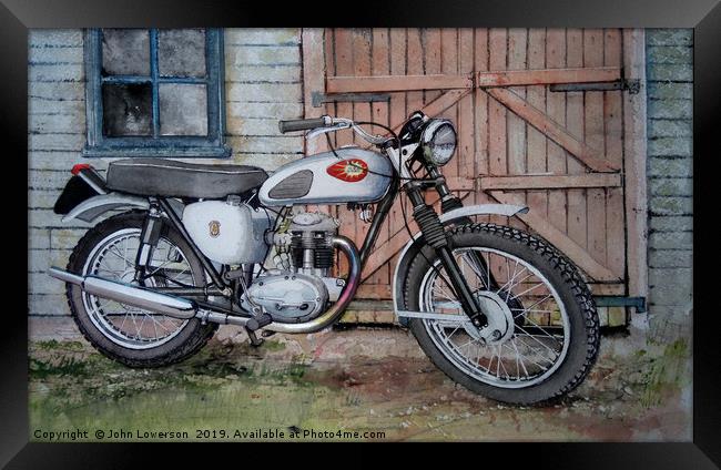An Old Motorcycle and an old Shed Framed Print by John Lowerson