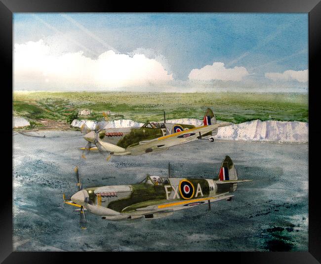 A Pair of Spitfires over The White Cliffs Framed Print by John Lowerson