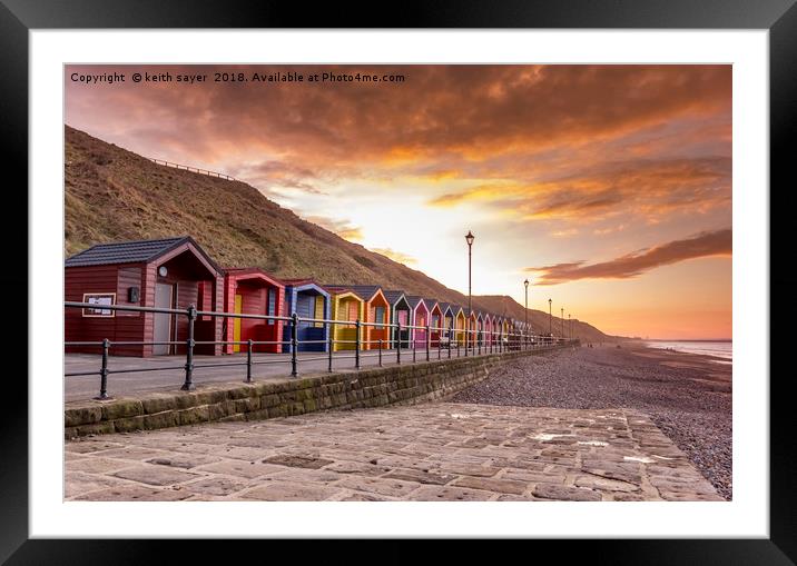 Saltburn beach huts at sunset Framed Mounted Print by keith sayer