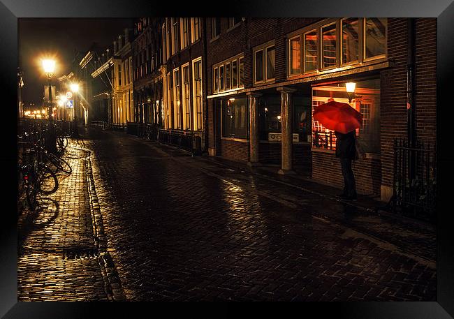 Night Lights of Utrecht. Orange Umbrella. Netherla Framed Print by Jenny Rainbow