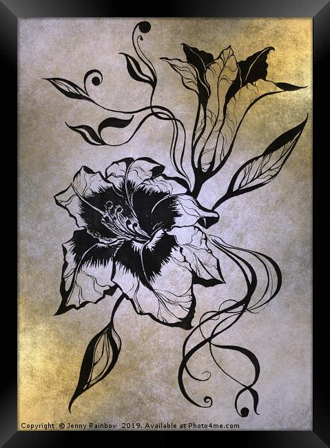 Ink Drawing Lily Elegance Golden Framed Print by Jenny Rainbow