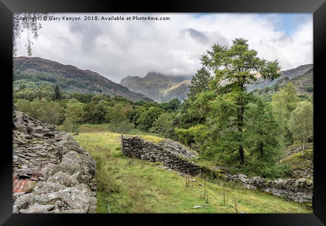 Langdale Pikes In Low Cloud Framed Print by Gary Kenyon