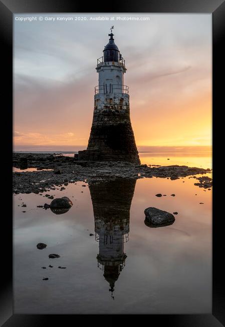 Plover Scar Lighthouse At Sunset Framed Print by Gary Kenyon