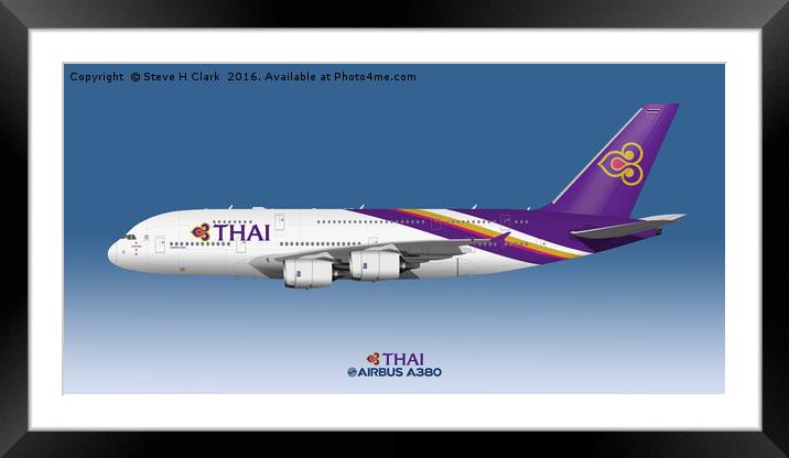 Illustration of Thai Airways Airbus A380  Framed Mounted Print by Steve H Clark