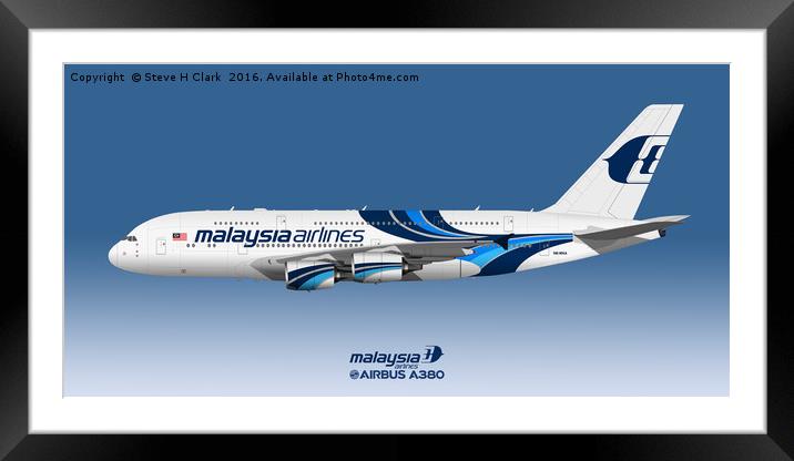 Illustration of Malaysia Airlines Airbus A380 Framed Mounted Print by Steve H Clark