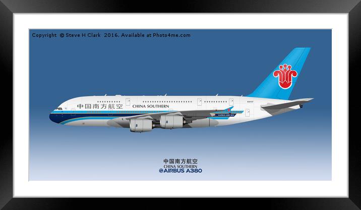 Illustration of China Southern Airbus A380 Framed Mounted Print by Steve H Clark