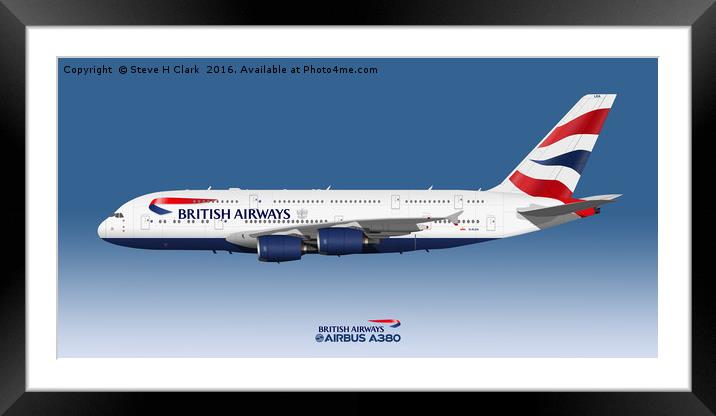 Illustration of British Airways Airbus A380 Framed Mounted Print by Steve H Clark