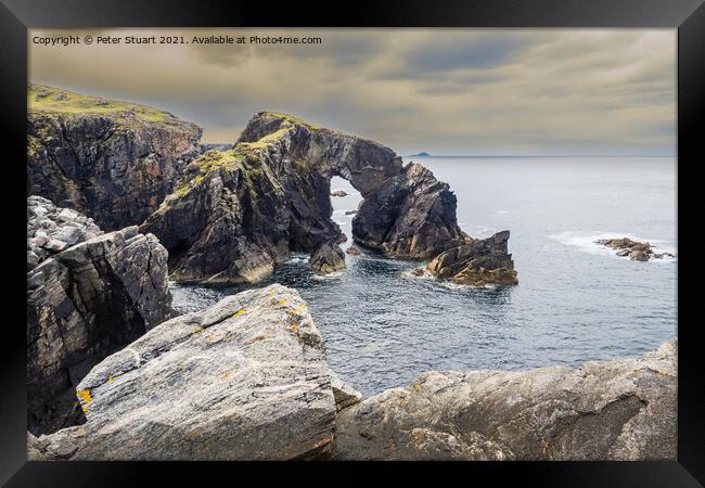 Stac a' Phris rock arch at high tide and sunset, The Isle of Lewis and Harris, Outer Hebrides, Scotland, UK Framed Print by Peter Stuart