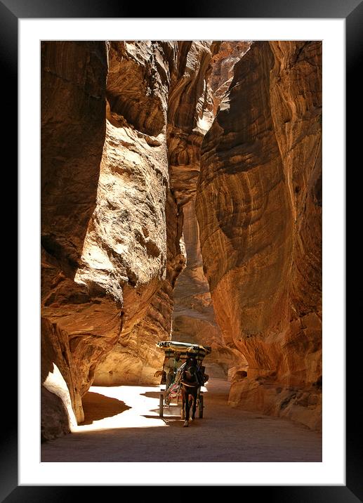 Donkey carriage in the Siq at Petra. Framed Mounted Print by David Birchall