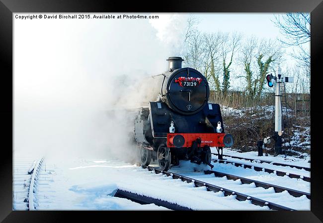  Steam locomotive 73129 in snow. Framed Print by David Birchall