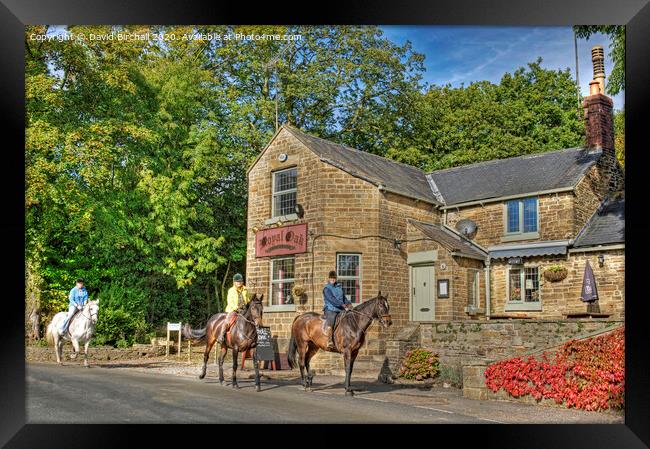 Horse riders at Royal Oak pub, Millthorpe, Derbysh Framed Print by David Birchall