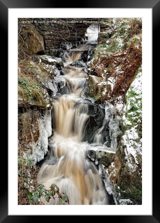 Pennine waterfall in winter. Framed Mounted Print by David Birchall