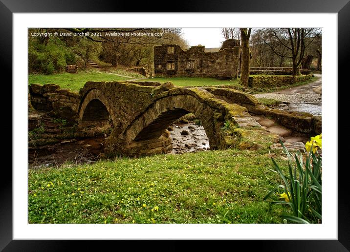 Wycoller packhorse bridge and hall ruins. Framed Mounted Print by David Birchall