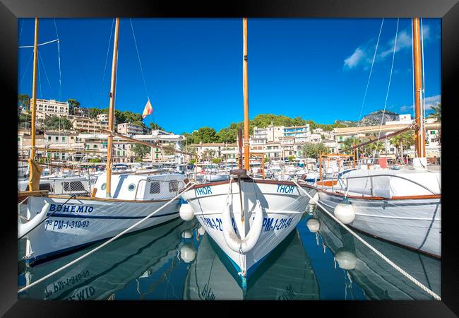 Small boats in the port of soller Framed Print by Perry Johnson