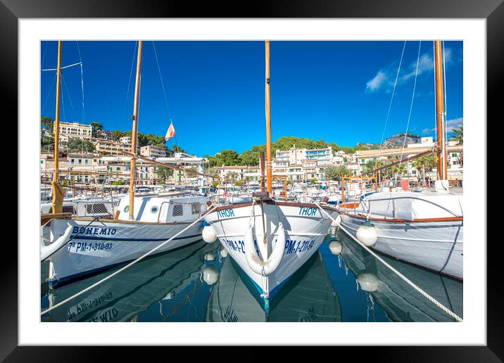 Small boats in the port of soller Framed Mounted Print by Perry Johnson