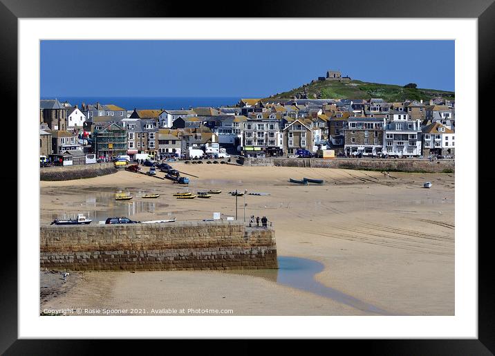 Low tide at St Ives Beach in Cornwall and St Nicholas Chapel Framed Mounted Print by Rosie Spooner