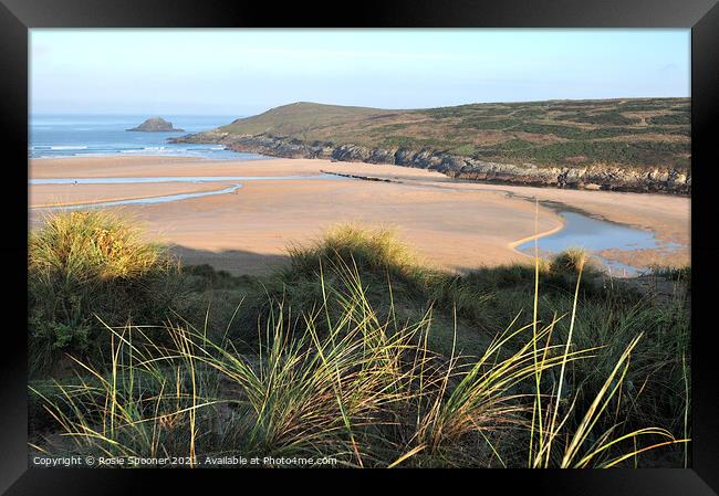 Crantock Beach from The Sand Dunes in Cornwall Framed Print by Rosie Spooner